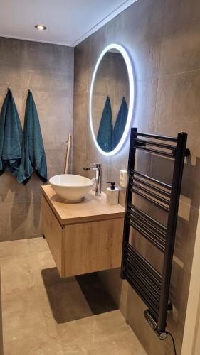 a bathroom with a sink and a mirror at Dulce Tierra - vakantiewoning in Zoutelande