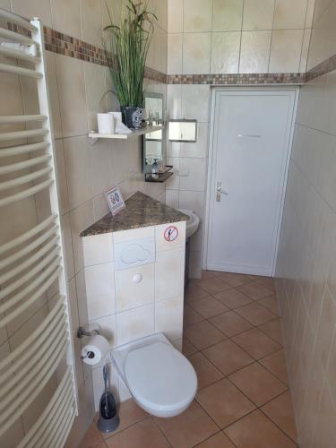 a small bathroom with a toilet and a sink at Wohnung im 1 OG mit Klima bis 6 Personen in Osterburg