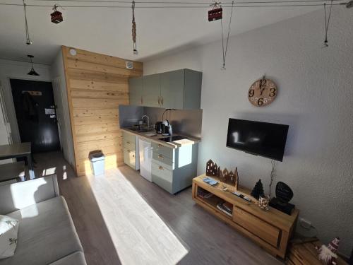 un salon avec un canapé et une télévision sur un mur dans l'établissement Studio avec balcon vue MontBlanc et parking gratuit le nid daigle, à Chamonix-Mont-Blanc