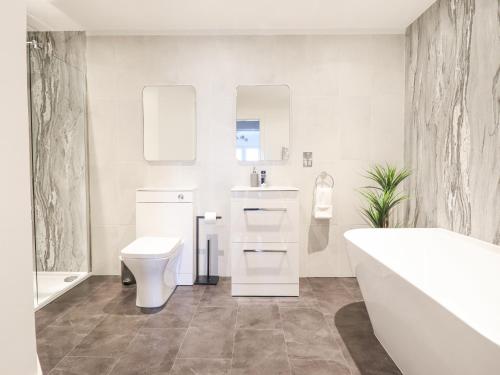 a bathroom with a sink and a toilet and a tub at Aelfor in Harlech