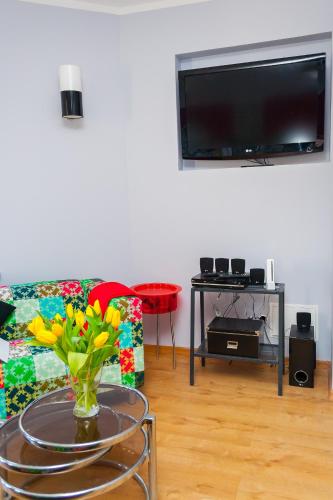 a living room with a tv and a table with a vase of flowers at Retro Hostel in Poznań
