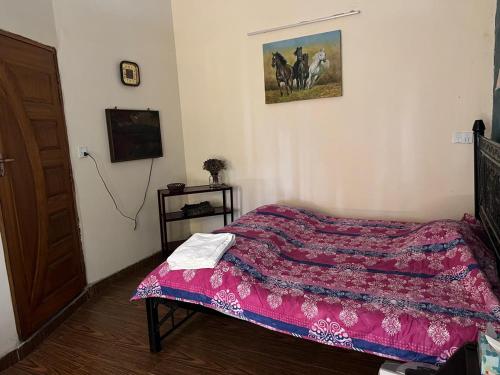 a bedroom with a bed with a pink blanket at Rooms In Central Rawalpindi in Rawalpindi