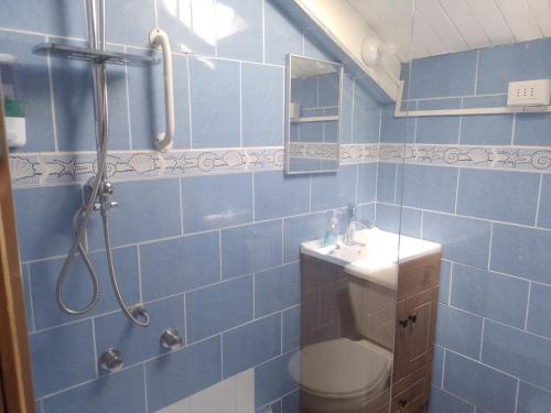 uma casa de banho em azulejos azuis com um chuveiro e um lavatório. em La Posada del Colono em Puerto Clocker
