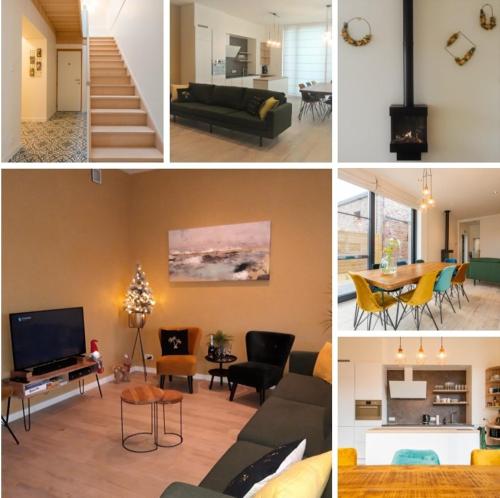 a collage of photos of a living room and a living room at De Lokroep in Heers