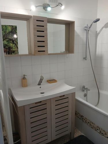 une salle de bains avec lavabo et baignoire dans l'établissement Charmant T3 aux portes de Bordeaux - 2 chambres, à Lormont