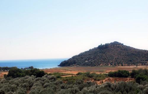 a mountain with trees and the ocean in the background at Blue Bay Hotel in Charamida
