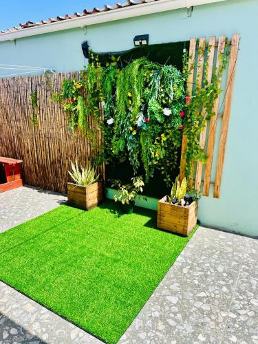 a backyard with a garden with green grass and plants at The Legacy BnB in East London