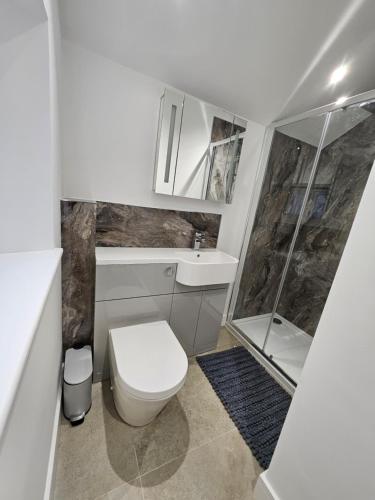 Un baño blanco con inodoro y ducha. en Sleeps 12, Stunning, Dog Friendly, Hot Tub, Rural, en Nether Stowey
