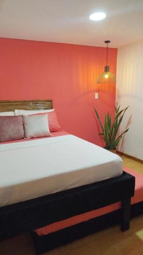 a bedroom with a bed with a red wall at HOSTAL LA BOQUILLA in Cartagena de Indias