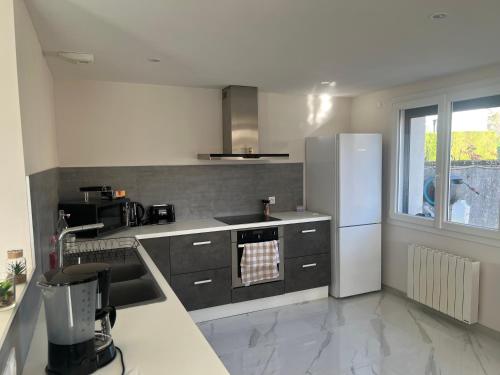 Il comprend une cuisine équipée d'un réfrigérateur blanc et d'une cuisinière. dans l'établissement Maison des 2 lacs, à Clairvaux-les-Lacs