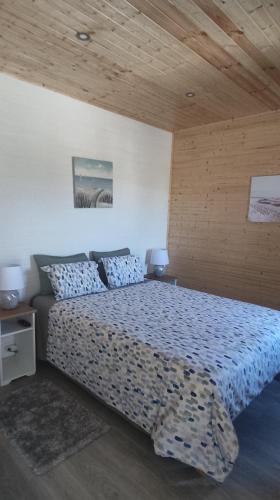a bedroom with a bed and a wooden ceiling at Catshouse in Carqueja