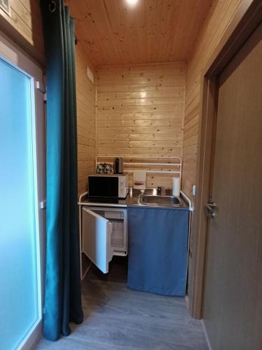 a small kitchen with a sink and a microwave at Catshouse in Carqueja