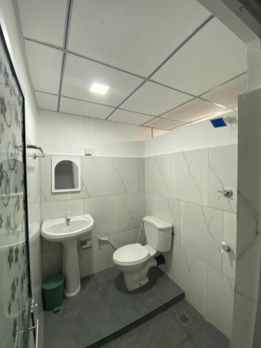 a bathroom with a toilet and a sink at Airport Accommodation in Maduwa