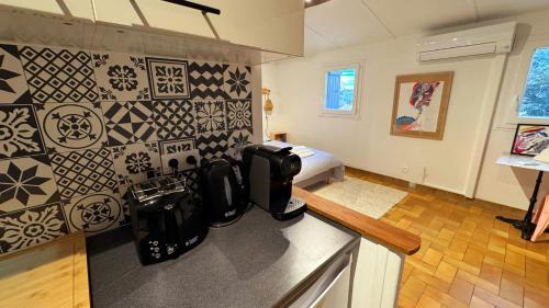 une cuisine avec un comptoir et une chambre avec un lit dans l'établissement La Parenthèse Piscénoise, à Pézenas