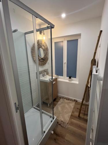 une salle de bain avec douche et lavabo dans l'établissement Appartement Cozy, à Avesnes-sur-Helpe