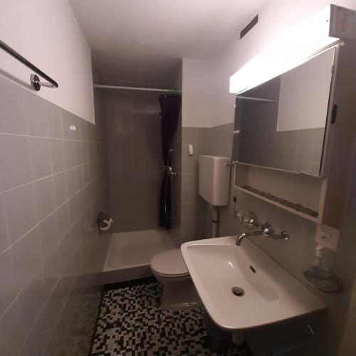 a bathroom with a white toilet and a sink at Bunderbach in Adelboden