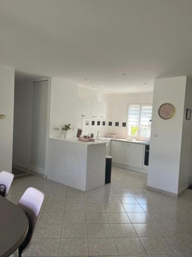 une grande cuisine blanche avec comptoirs et appareils blancs dans l'établissement Maison BELMIRA, à Périgny