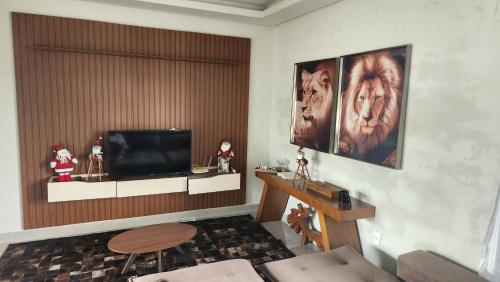 a living room with a couch and a television at Sítio Das Andorinhas in Capitólio