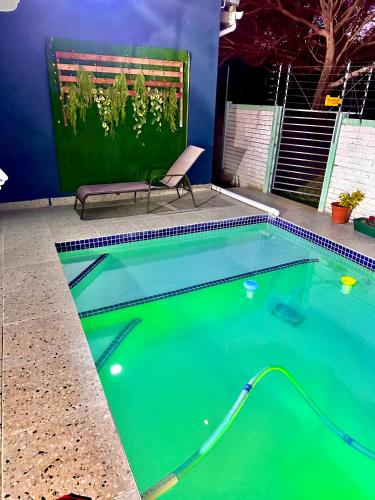 a swimming pool with green water in a house at The Legacy BnB in East London
