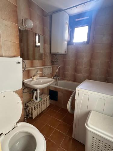 a bathroom with a toilet and a sink and a tub at Apartment Crystal in Belgrade
