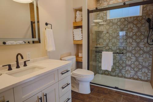 a bathroom with a shower with a toilet and a sink at Valley View Resort Cabin 16, 1-Bed, Modern-Luxury with Hot Tub in Canaan Valley, WV in Davis