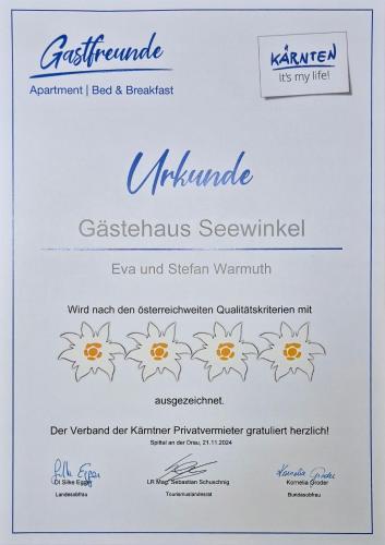 Certifikát, hodnocení, plakát nebo jiný dokument vystavený v ubytování Gästehaus Seewinkel