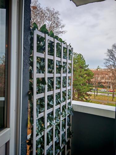 a window with a fence with a view of a park at Azulejo Apartment in Novi Beograd