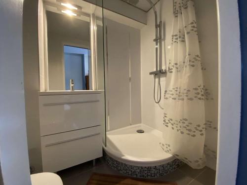 une salle de bain blanche avec douche et toilettes dans l'établissement Appartement 2 pièces mezzanine - Gruissan GN020-238, à Gruissan