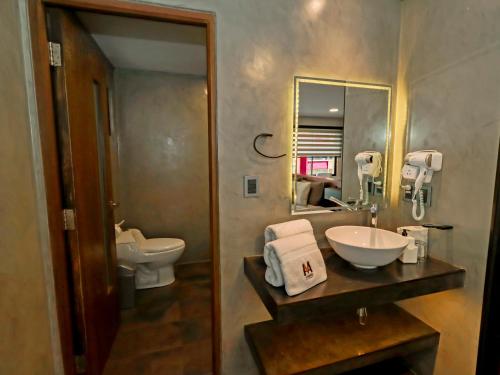 a bathroom with a sink and a toilet and a mirror at Madero Hotel & Suites in La Paz