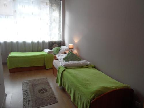 2 aparte bedden in een kamer met een raam bij Willa Eden in Krynica Zdrój