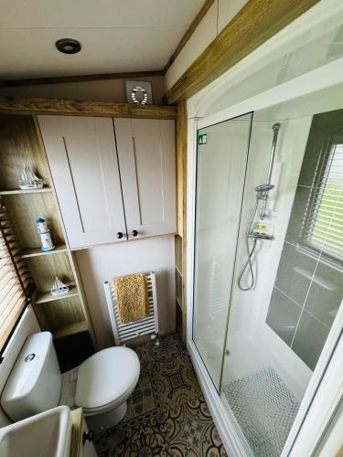 a small bathroom with a toilet and a shower at Summer Days at Seven Bays Padstow in Padstow