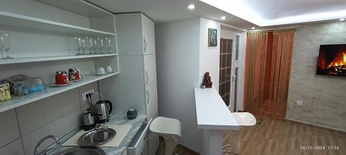 a small kitchen with a sink and a stove at Bella vista Šumarice in Kragujevac