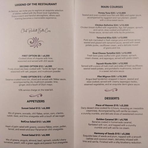 a view of the menu of the restaurant at Belcruz family lodge in Monteverde Costa Rica