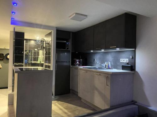 une cuisine avec des armoires noires et un comptoir dans l'établissement Résidence Port Nature Colline 8 - Joli Studio T2 - 2 personnes Port Nature Colline 8 Rez de Chaussée MAE-5301, au Cap d'Agde