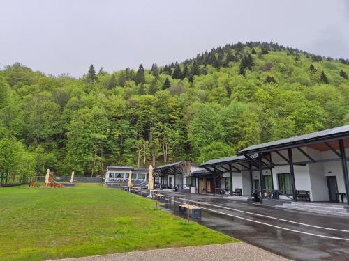 a train station with a grass field and trees at Holiday Village Tarcau in Tarcău-Gheuca