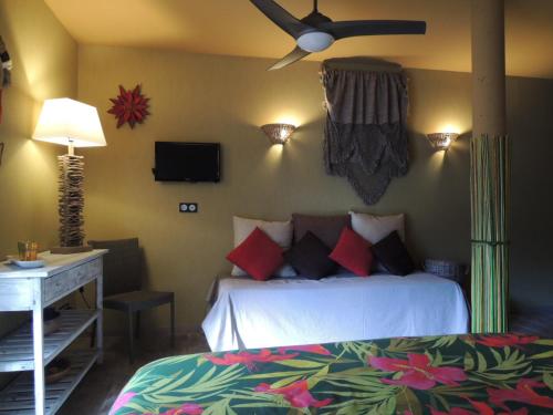 a bedroom with a bed and a ceiling fan at Via Bahia - Maison d'hôtes in Biscarrosse