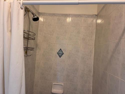 a bathroom with a shower with a shower curtain at Great! Private NYC Room in Sunnyside in Haberman
