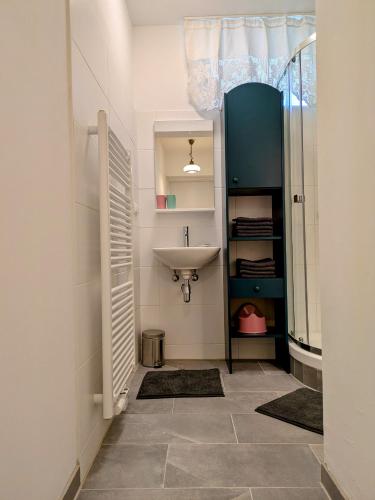 a small bathroom with a sink and a sink at Appartments am Literaturbrunnen in Hartmannsdorf