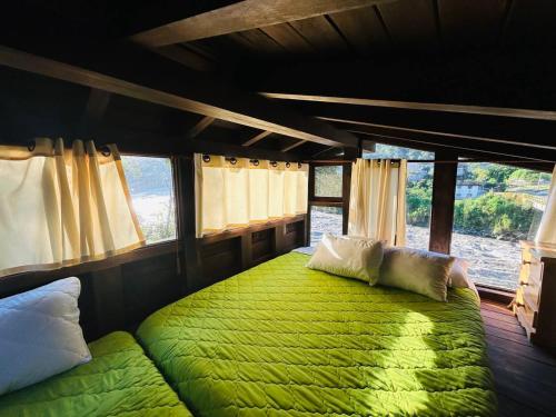 a large green bed in a room with windows at Hostería RIVER PARADISE in Río Negro