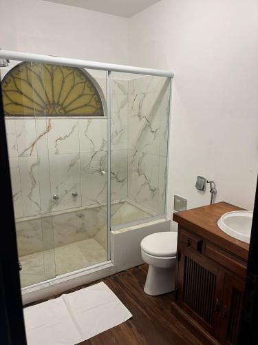 a bathroom with a shower and a toilet and a sink at Recanto dos Vianas in Teresópolis