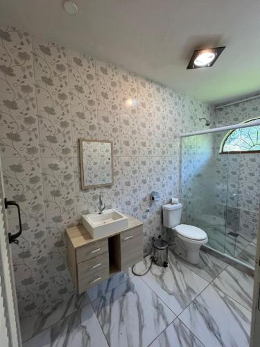 a bathroom with a toilet and a sink and a shower at Recanto dos Vianas in Teresópolis