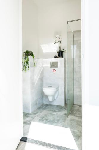a bathroom with a toilet and a glass shower at Modern Suite with AC near Breda & Efteling in Raamsdonksveer