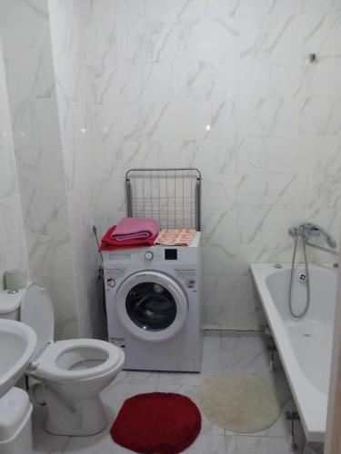 a bathroom with a washing machine and a toilet at Nea Iskra Vyletska Berezhanska street in Lviv