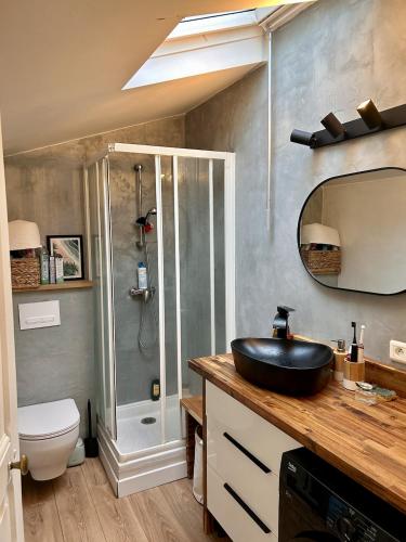 une salle de bain avec un lavabo et une douche dans l'établissement Magnifique T2 calme, à La Baule