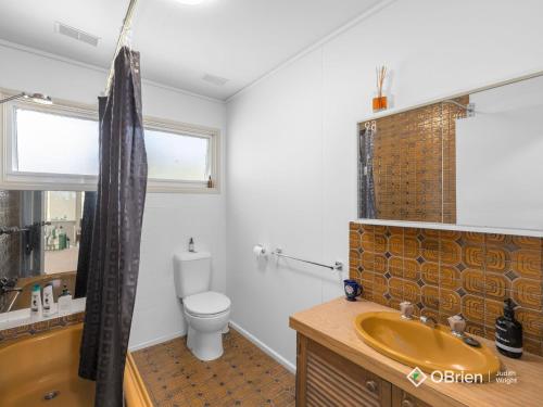 a bathroom with a sink and a toilet and a tub at Ventnor Vintage Retreat in Ventnor