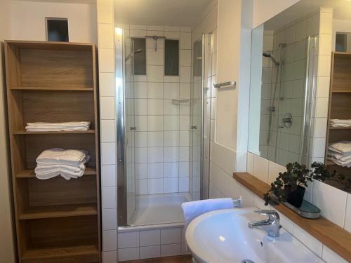 een badkamer met een douche, een wastafel en een bad bij Rosenberger I in Hopfgarten im Brixental