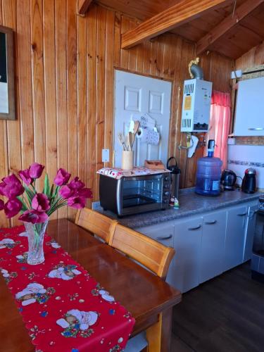 a kitchen with a table and a microwave at Cabaña Mi Paraíso in Valparaíso