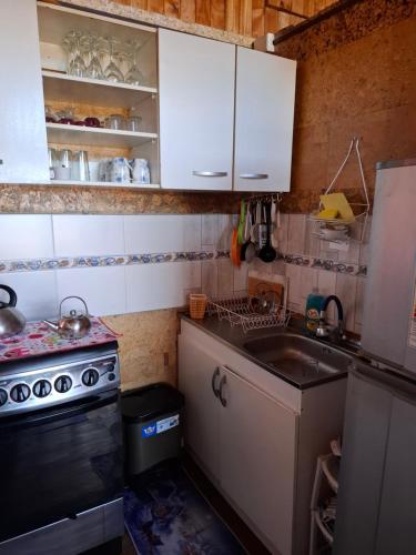 a small kitchen with a sink and a stove at Cabaña Mi Paraíso in Valparaíso