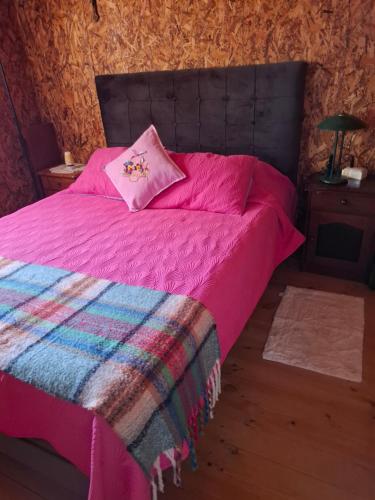 a bedroom with a pink bed with a pink pillow at Cabaña Mi Paraíso in Valparaíso