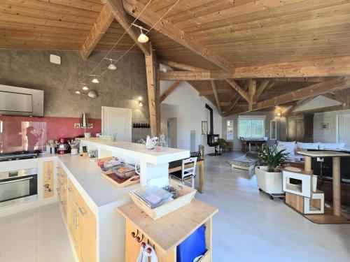 Il comprend une grande cuisine avec des comptoirs blancs et des plafonds en bois. dans l'établissement Maison en bois avec piscine privée chauffée, terrasse et jardin - Ideal famille et nature - FR-1-616-96, à Montagrier